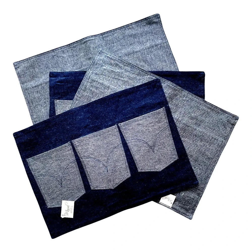Manual Set of 4 Heavy Duty Denim Placemats 3 Utensil Pockets Blue Cotton 13